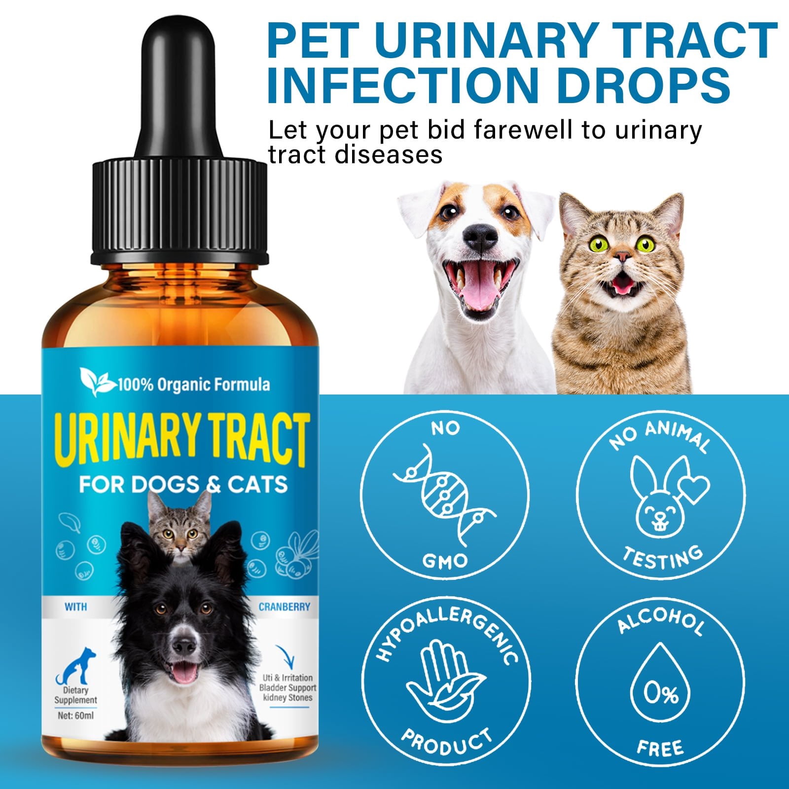 Cat & Dog Cranberry Urinary Tract, Urinary Tract Infection Treatment for Cats and Dogs, 60ML