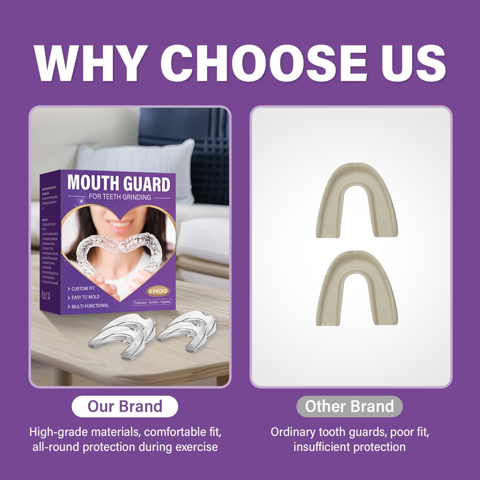 Upgraded Mouth Guard for Clenching Teeth At Night, Teeth Grinding Mouth Guard for Sleep, Includes Hygiene Case(4piece Set/2sizes)