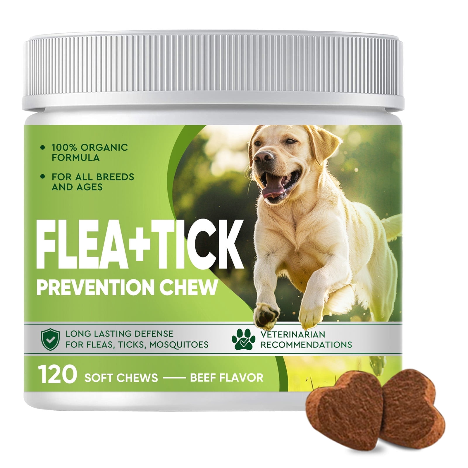 Flea and Tick Support Chews for Dogs and Cats, Skin & Coat Natural Defense & Resistance for All Breeds Beef Flavor, 120 Chews