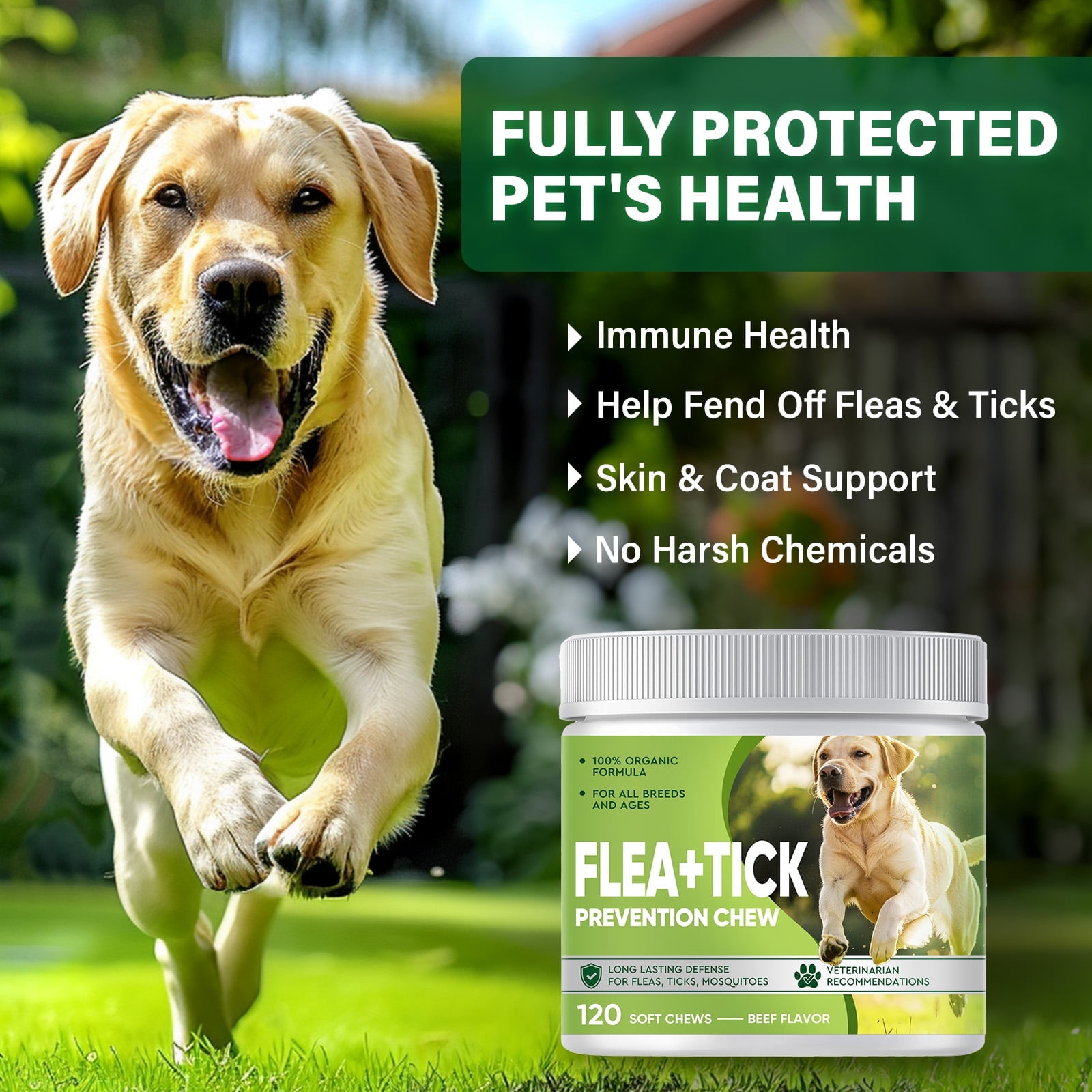 Flea and Tick Support Chews for Dogs and Cats, Skin & Coat Natural Defense & Resistance for All Breeds Beef Flavor, 120 Chews
