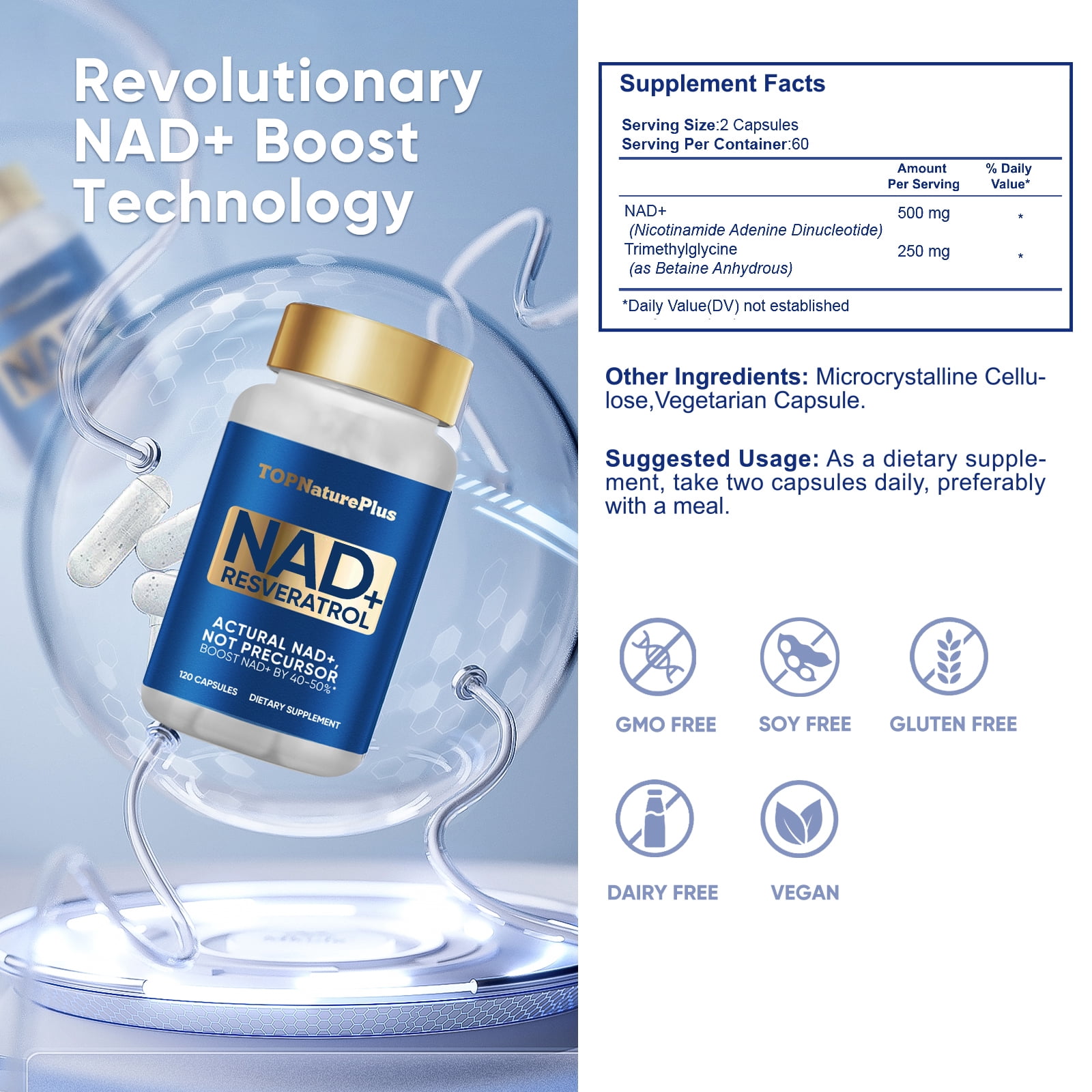 NAD + Resveratrol, NAD Supplement, NAD + Supplements, 120 Capsules