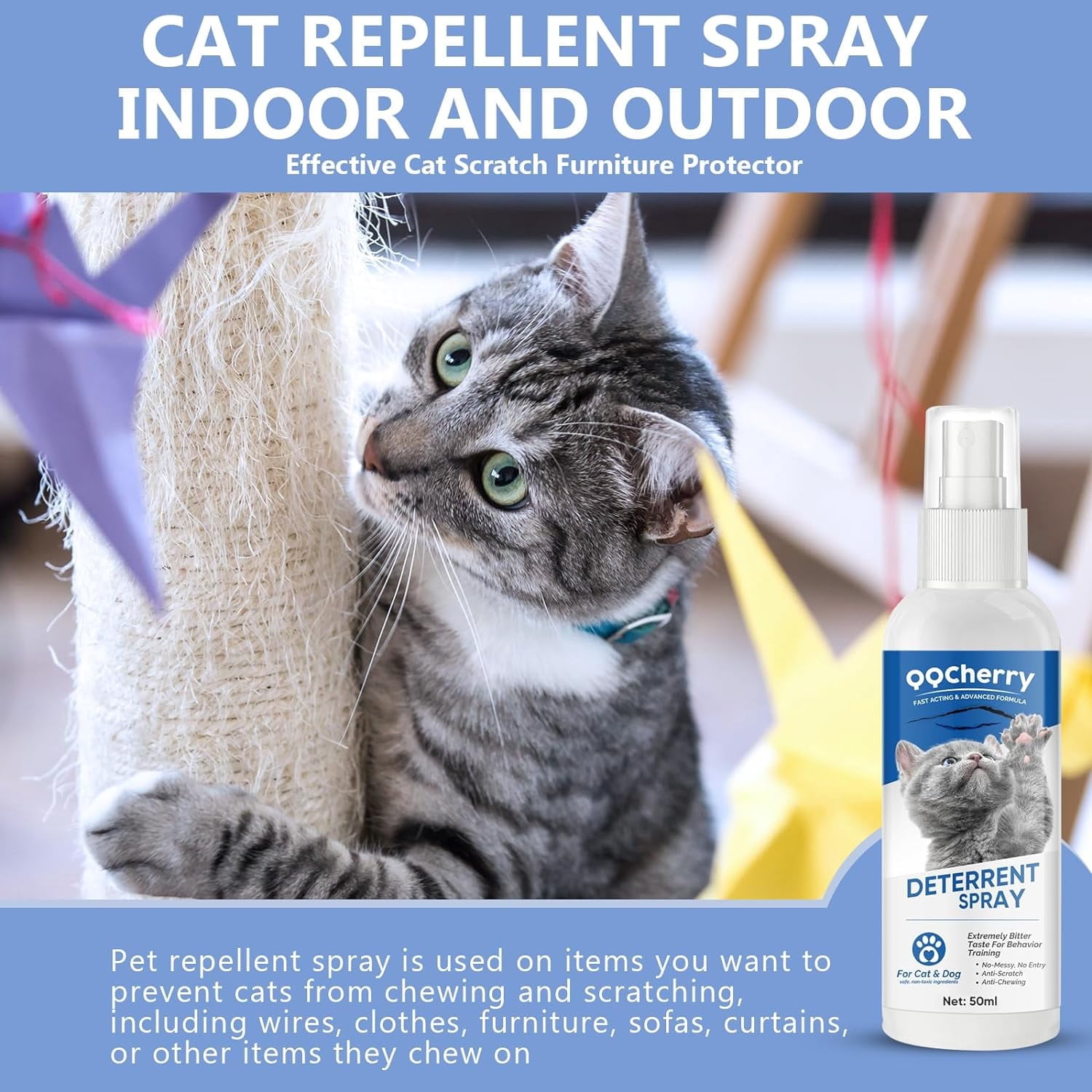 Cat Spray Deterrent, Effective Cat Scratch Furniture Protector, Safe Formula, Suitable for Cats and Dogs, Indoor & Outdoor Use, 50Ml