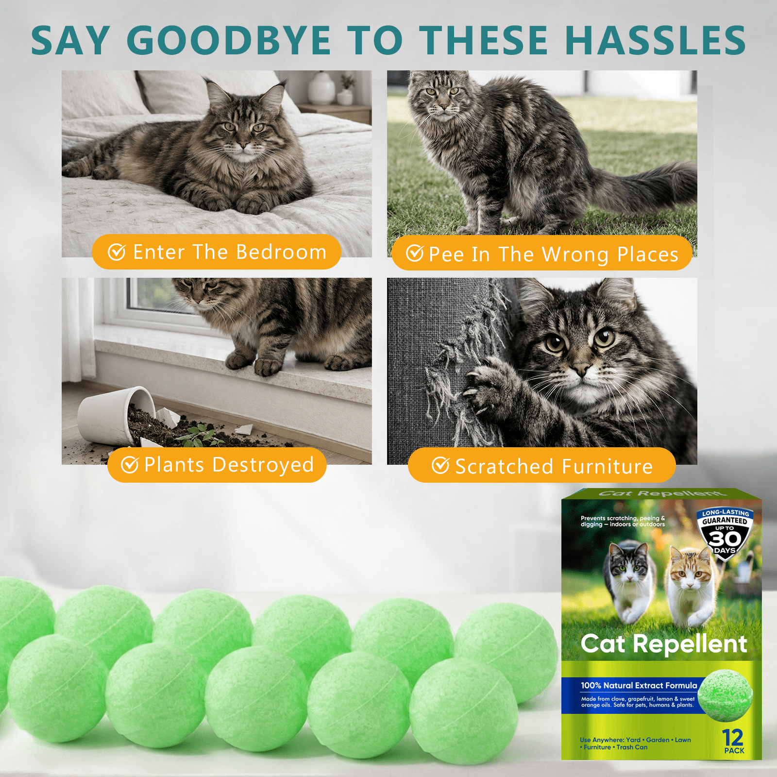 Cat Repellent Outdoor, Cat Deterrent Outdoor, Natural Cat Deterrent Balls Keep Cats Out of Yard Garden Lawn Prevent Scratch and Chews, 12Pack