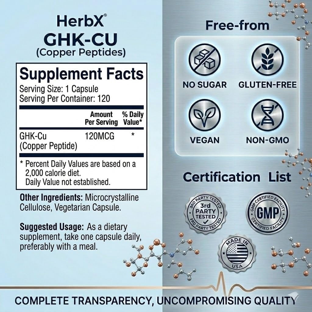 GHK-Cu Peptide Supplement, 120 Vegan Capsules High Potency Promotes Skin Repair, Radiant Skin Elasticity