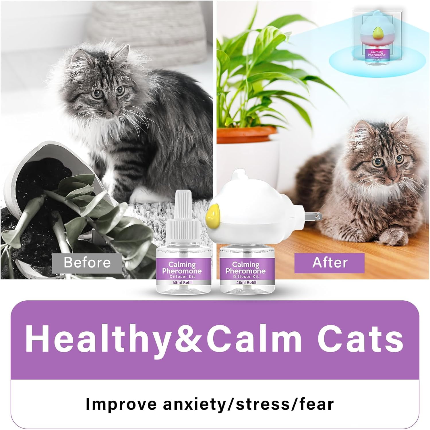 Cat Pheromones Calming Diffuser, Cat Calming Diffuser Starter Kit with Diffuser Head and 2pcs 48ml Vial, Efficient Relieve Anxiety Stress, 60 Days Use
