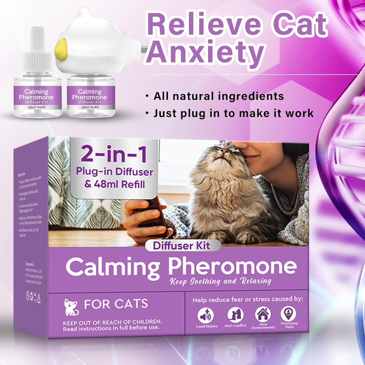 Cat Pheromones Calming Diffuser, Cat Calming Diffuser Starter Kit with Diffuser Head and 2pcs 48ml Vial, Efficient Relieve Anxiety Stress, 60 Days Use